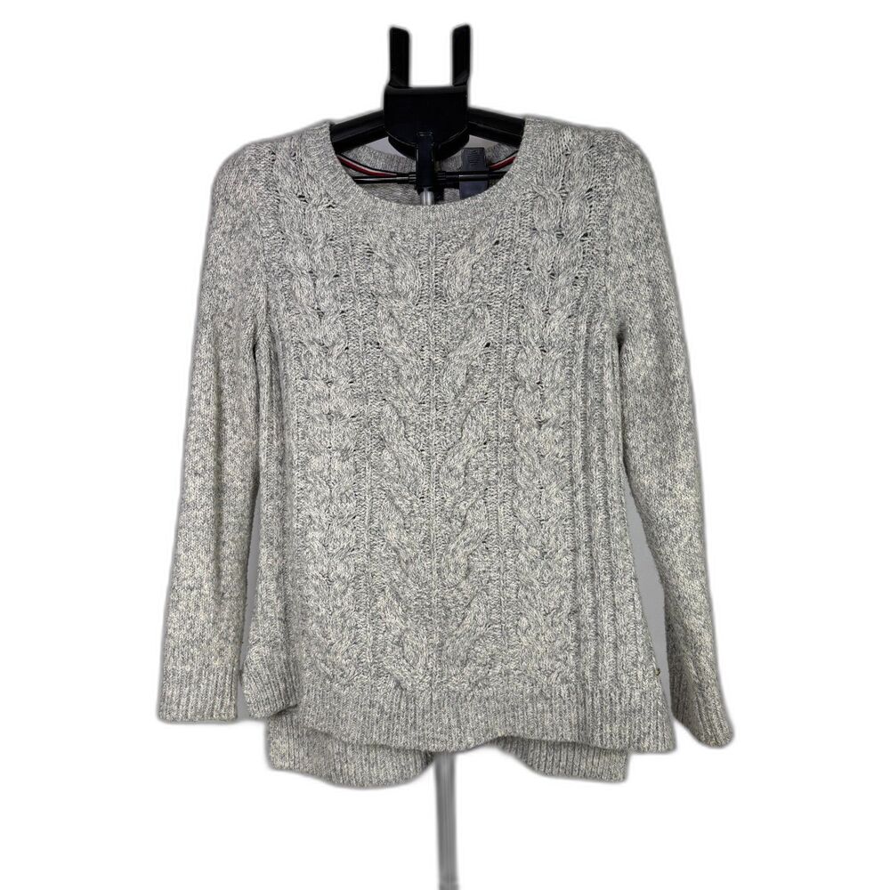Tommy‎ Hilfiger Grey Cable Knit Sweater Women's Medium High-Low Hem Crewneck